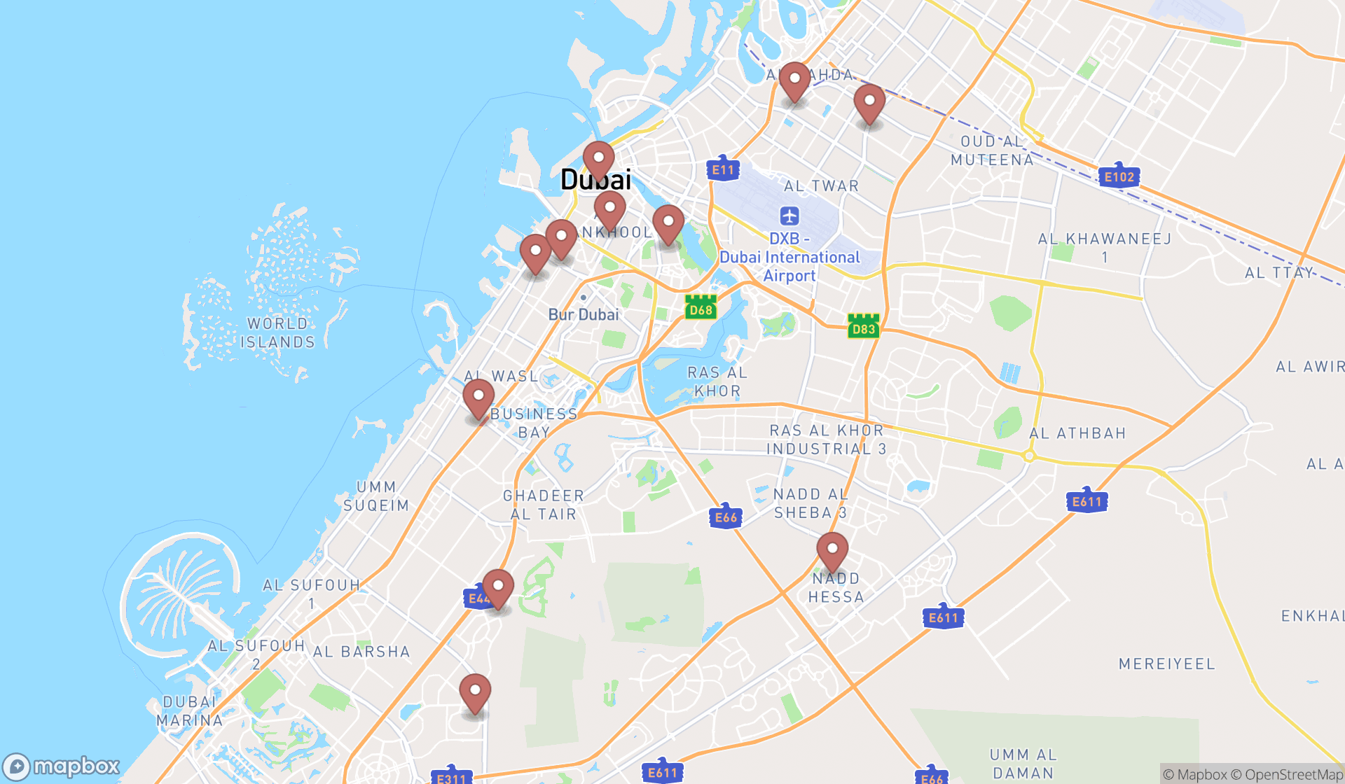 Map showing the search results in Dubai
