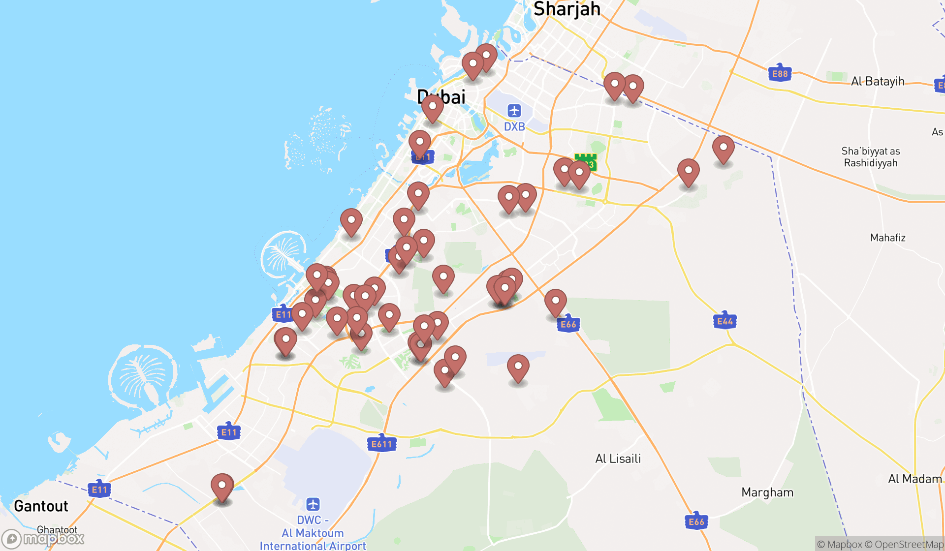 Map showing the search results in Dubai