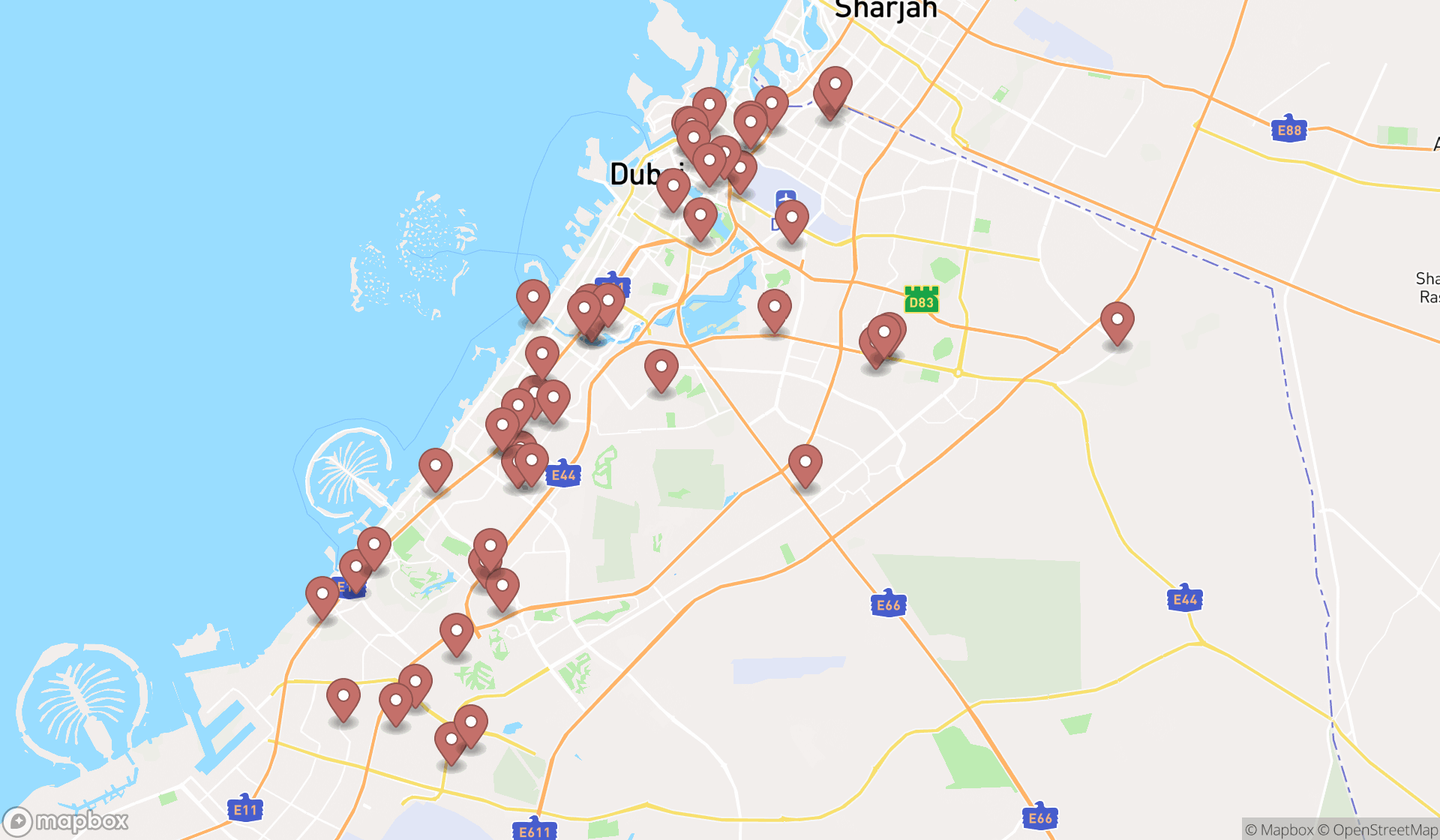 Map showing the search results in Dubai