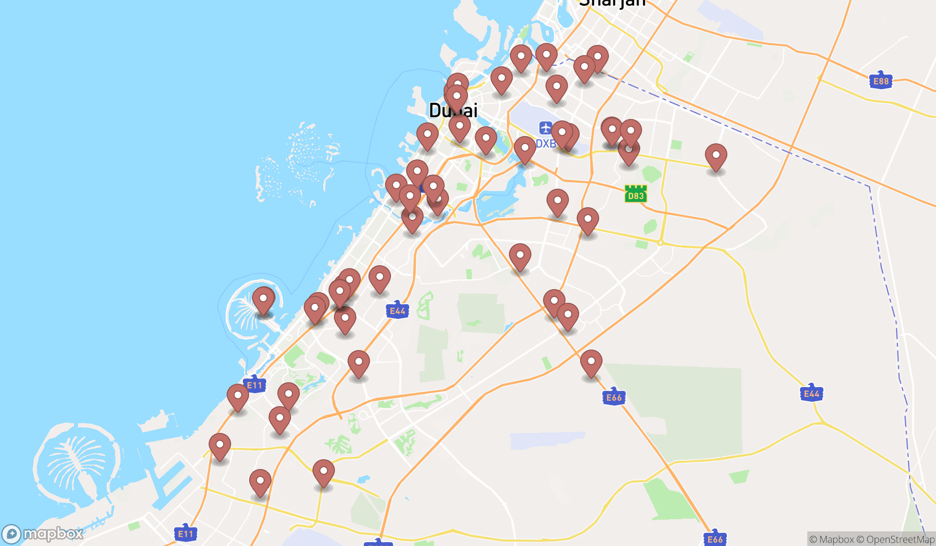 Map showing the search results in Dubai