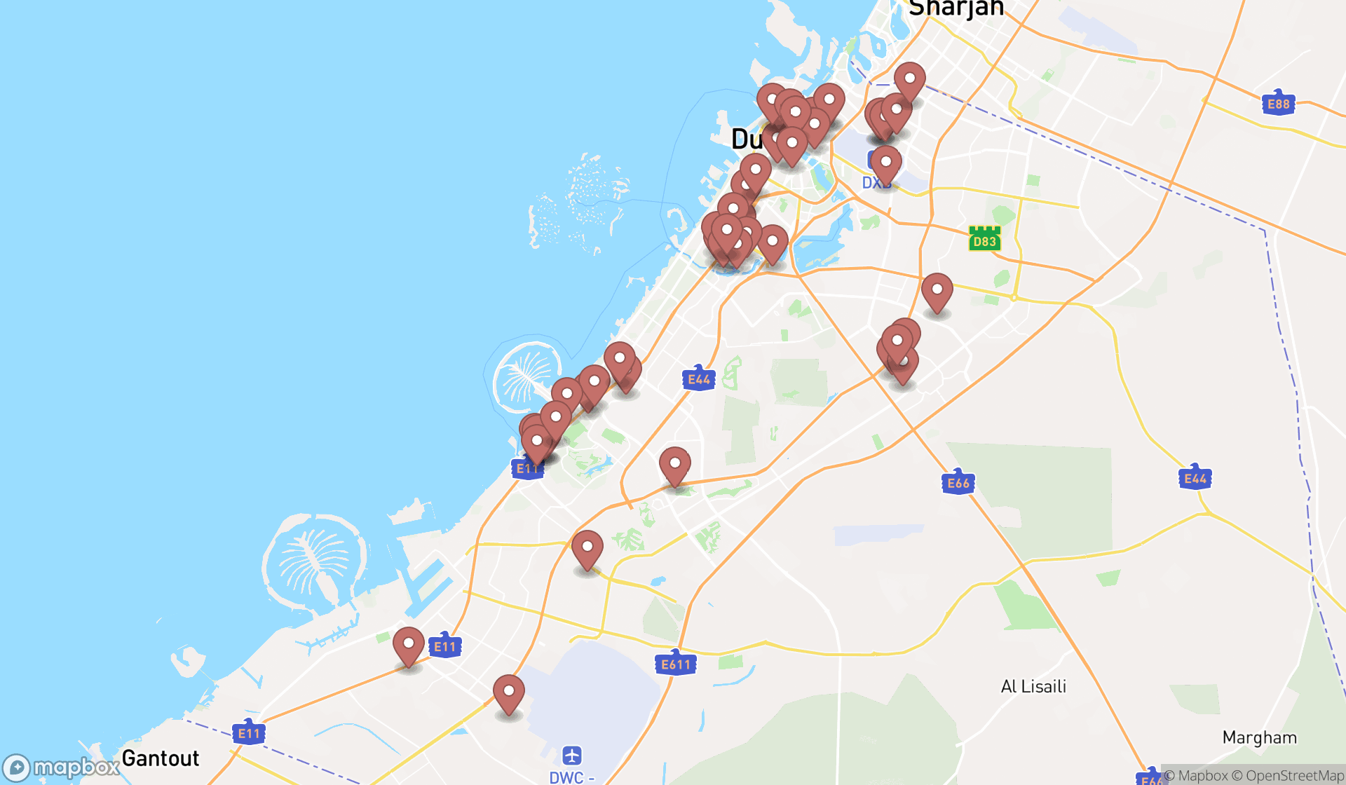 Map showing the search results in Dubai