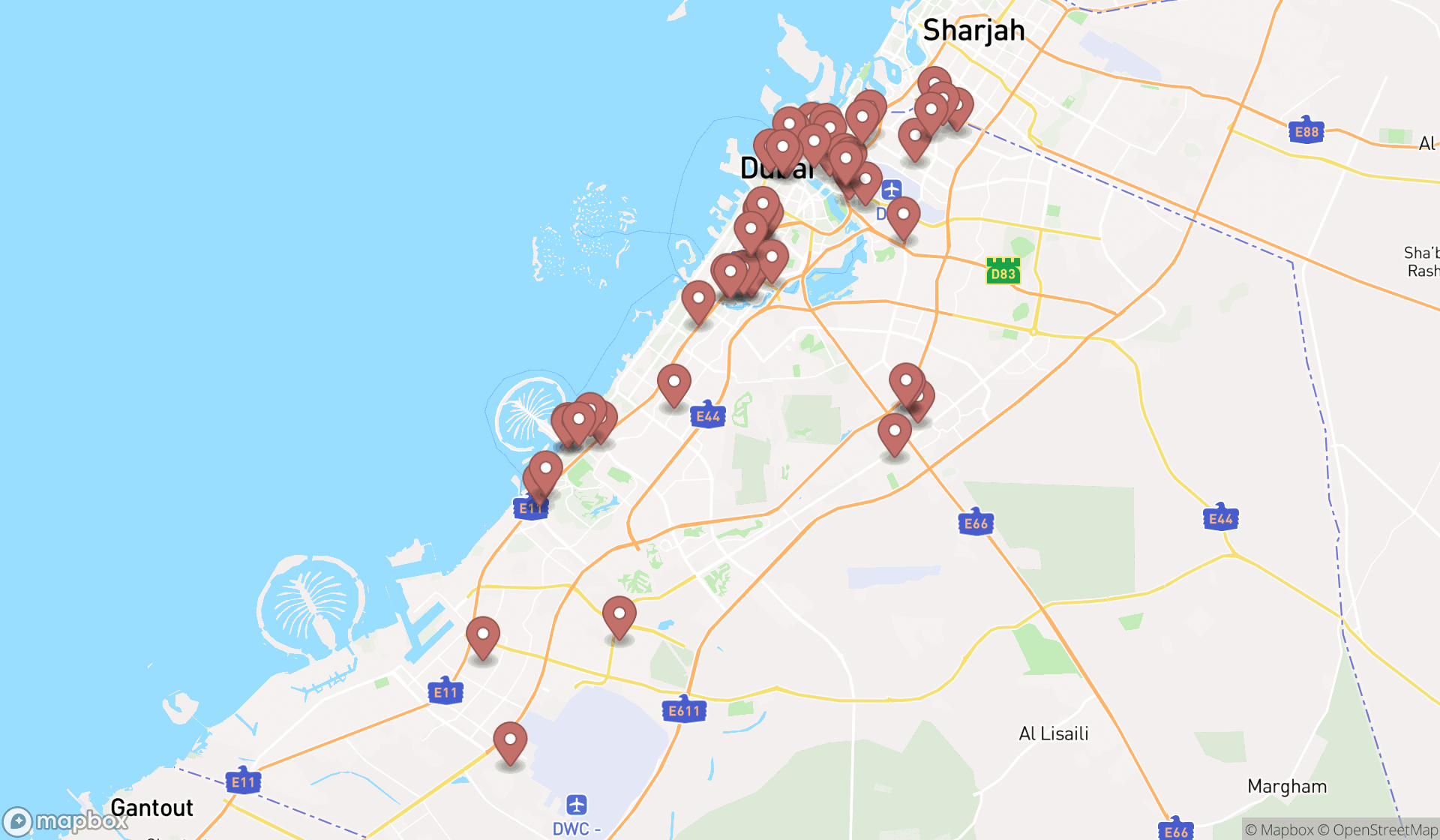 Map showing the search results in Dubai
