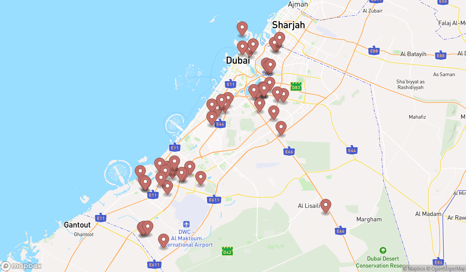 Map showing the search results in Dubai