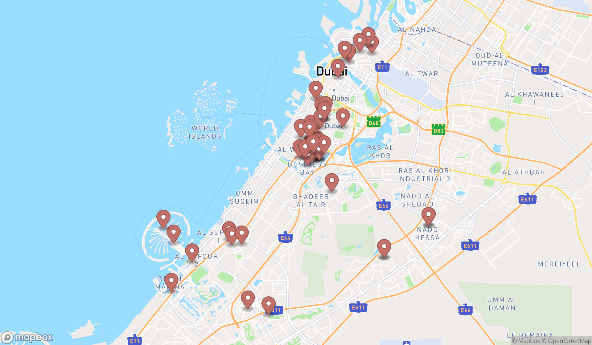 Map showing the search results in Dubai