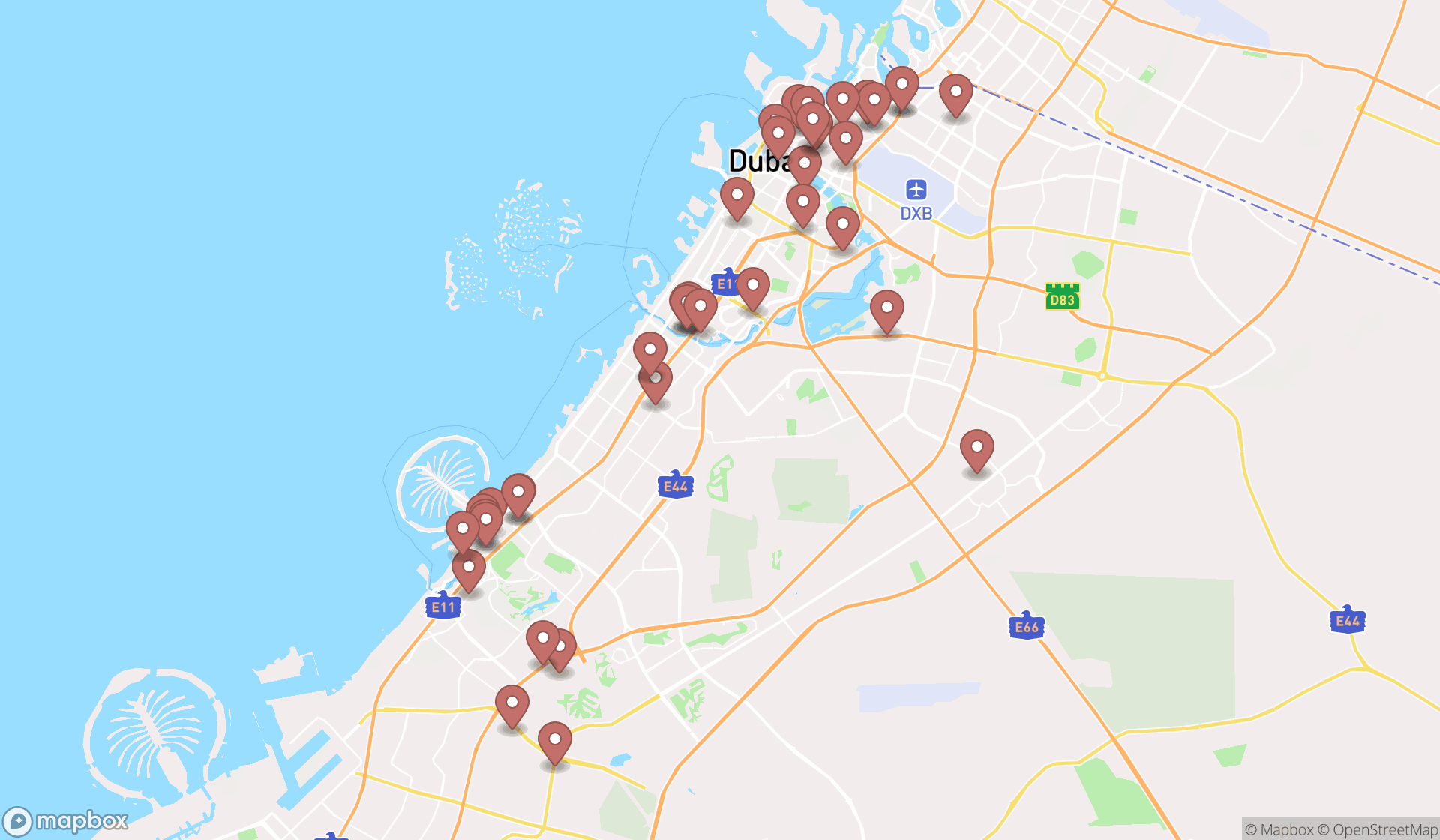 Map showing the search results in Dubai