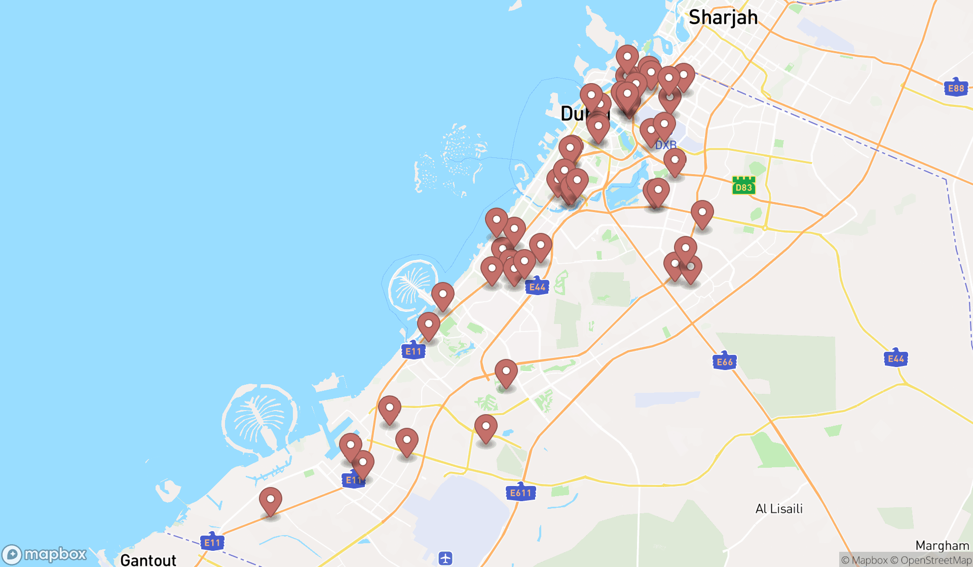 Map showing the search results in Dubai