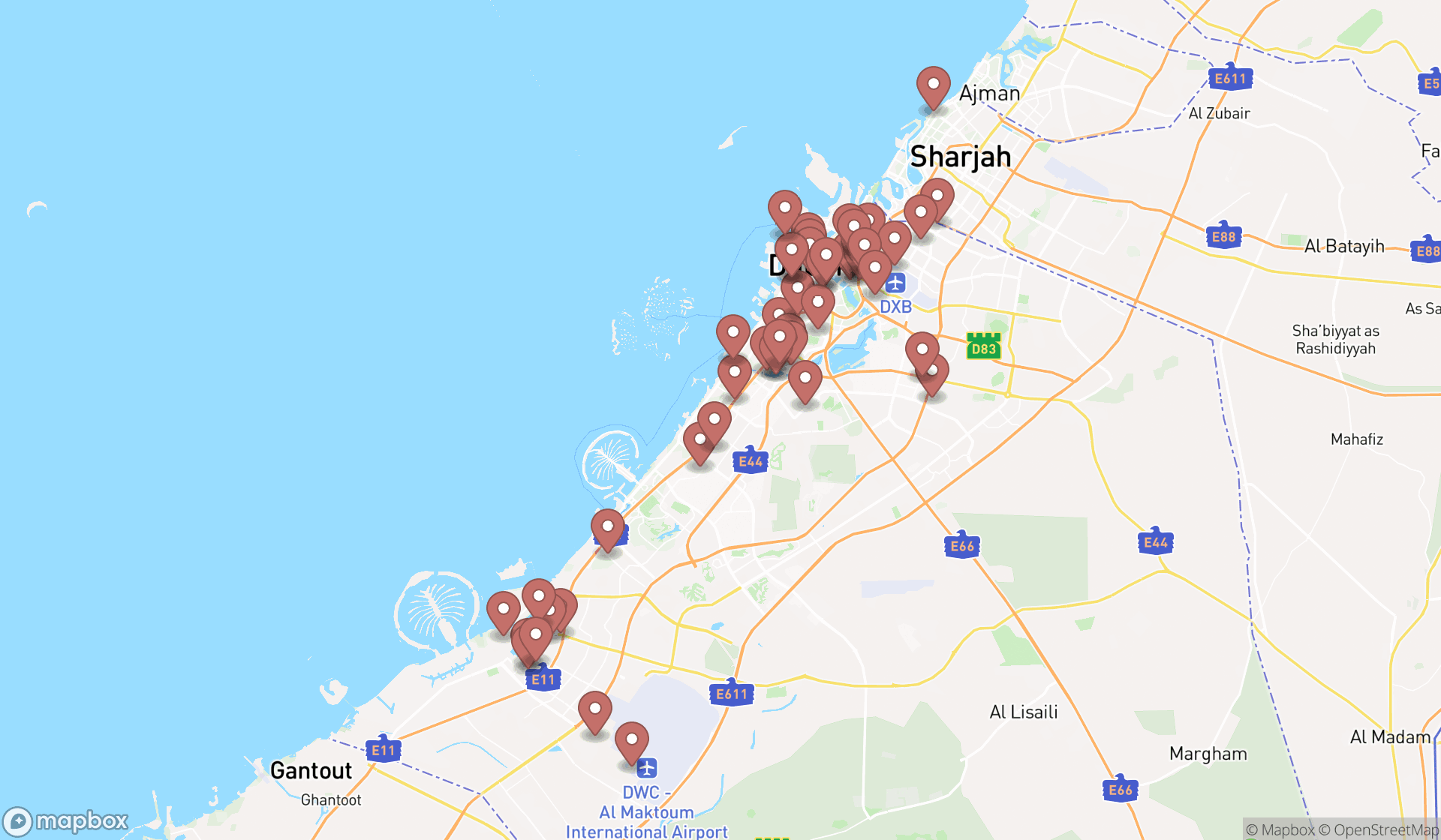 Map showing the search results in Dubai