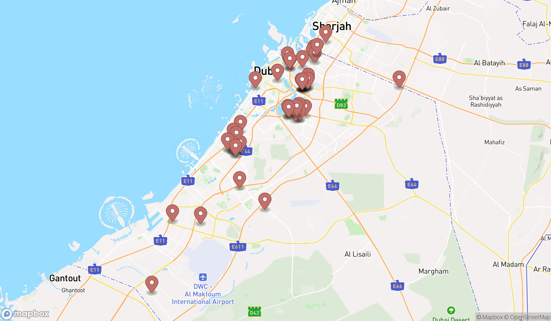 Map showing the search results in Dubai