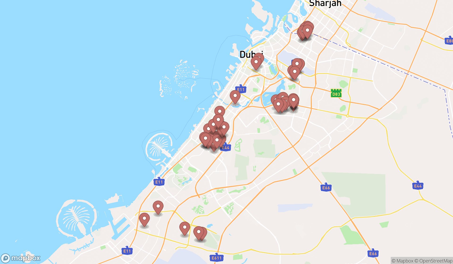 Map showing the search results in Dubai