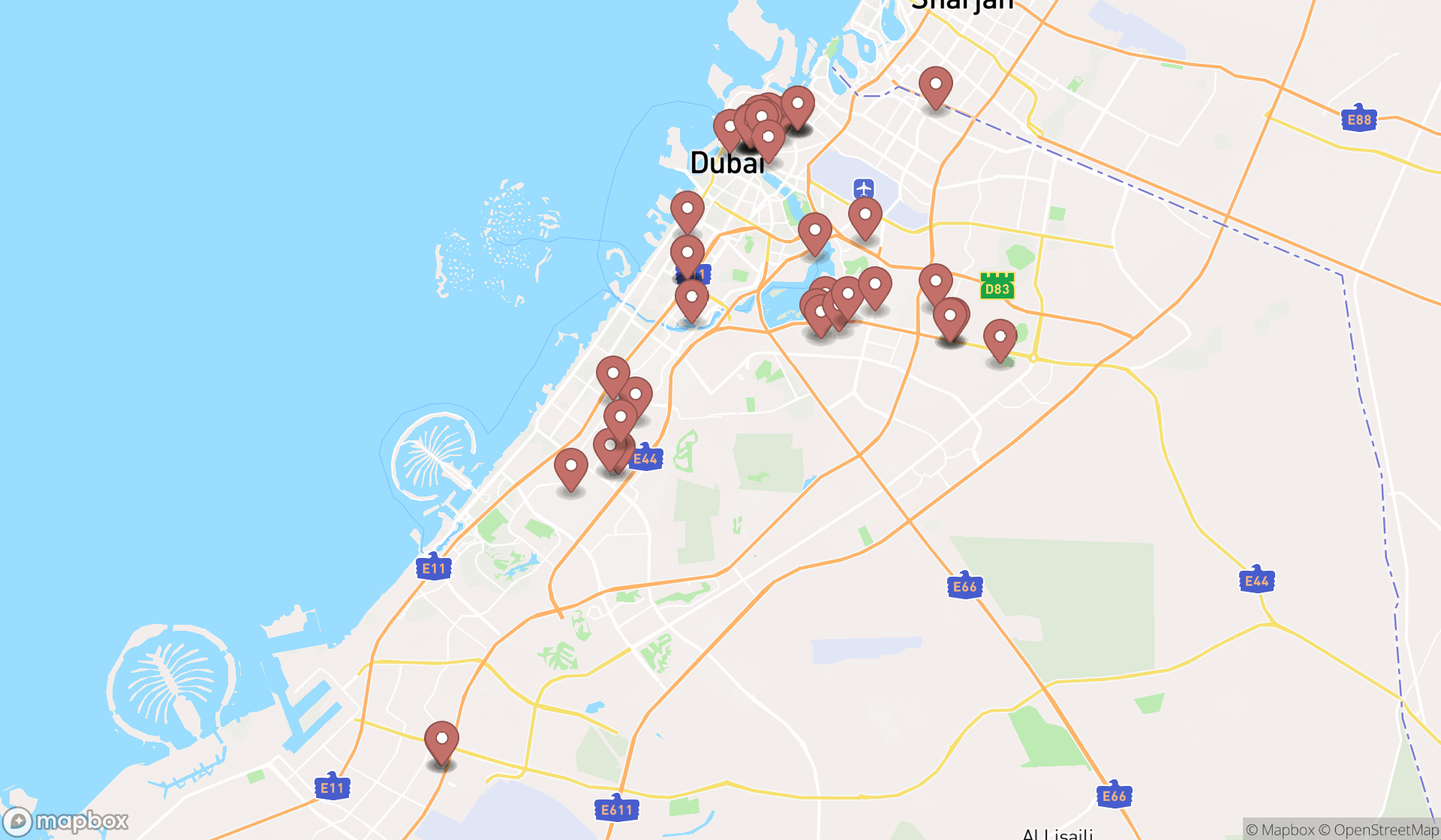 Map showing the search results in Dubai