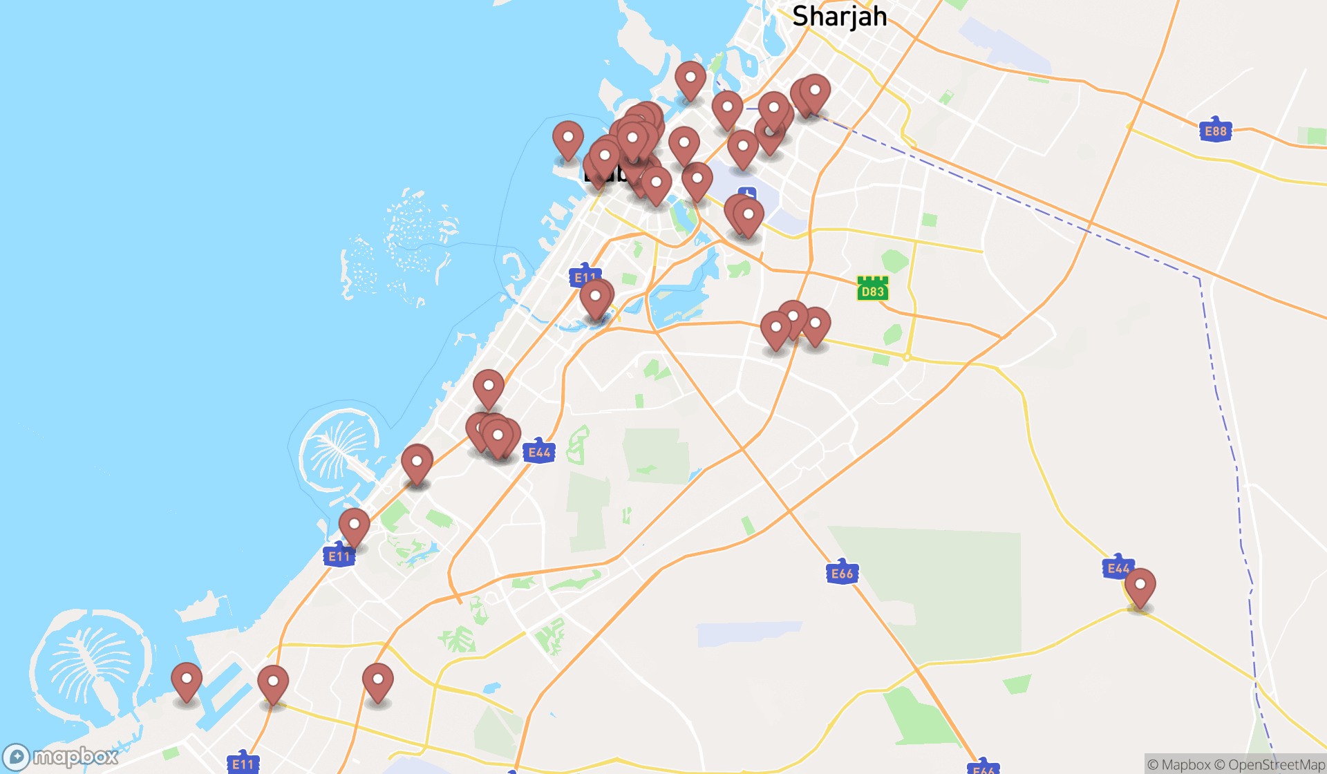 Map showing the search results in Dubai