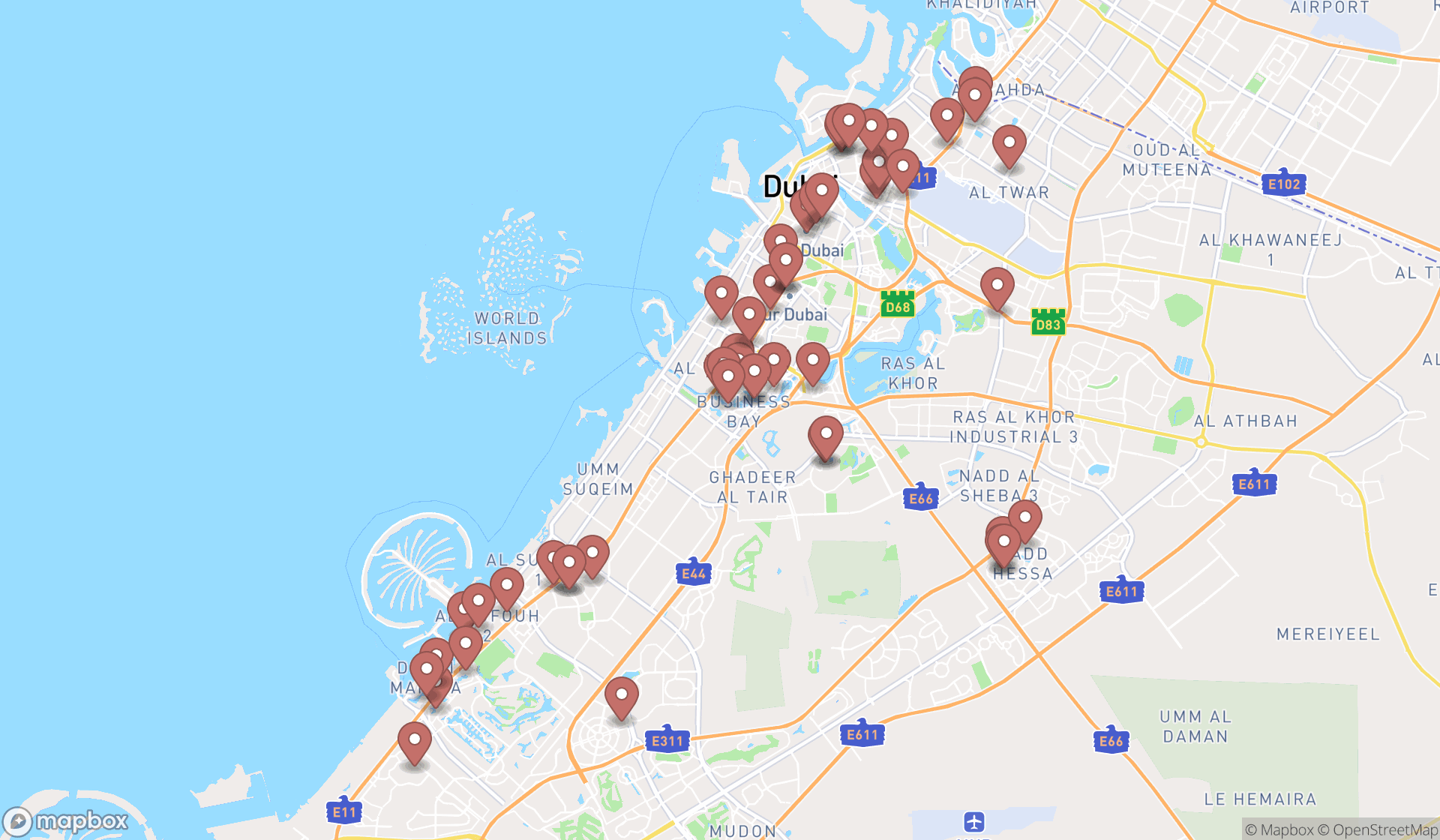 Map showing the search results in Dubai
