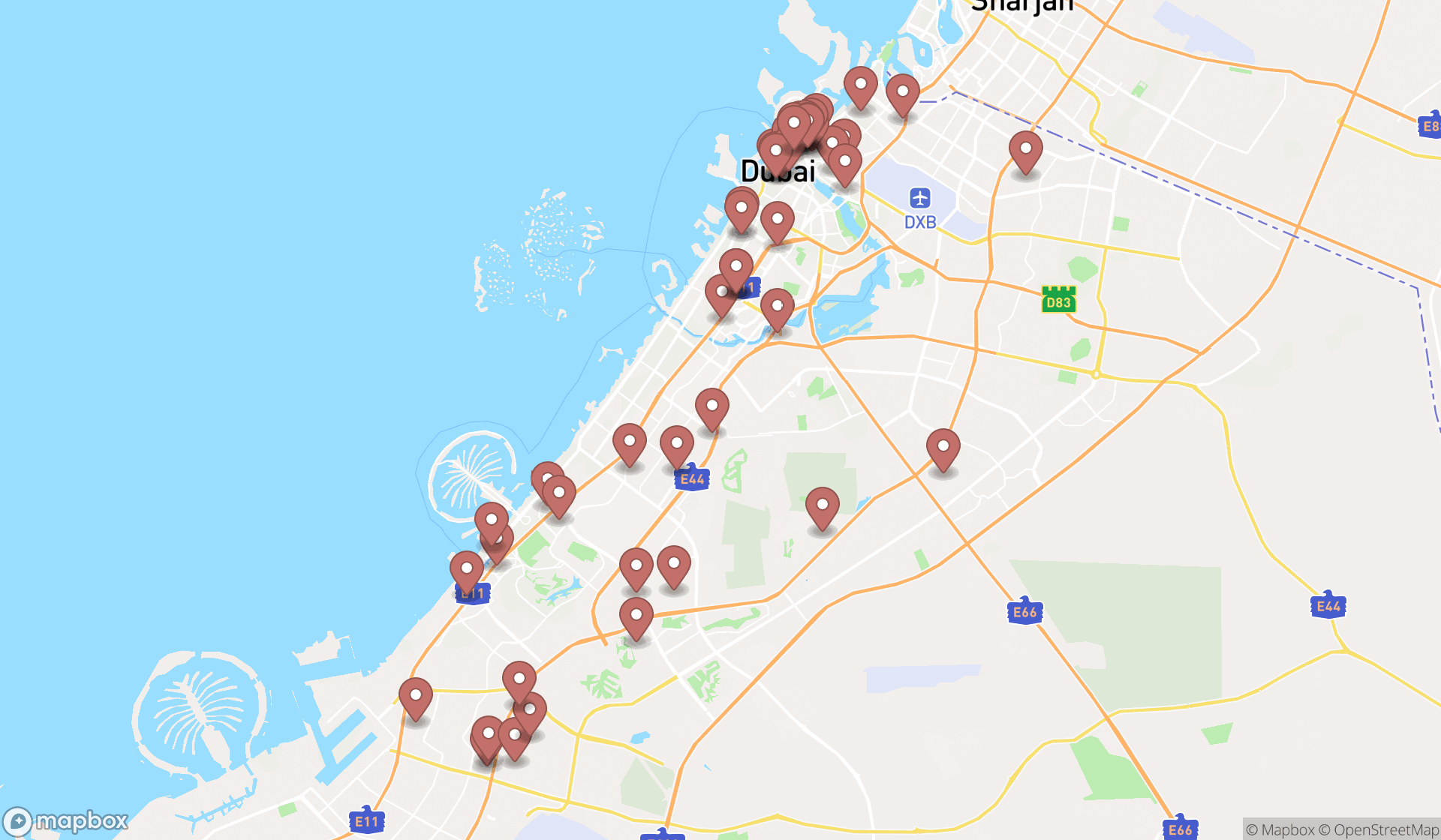 Map showing the search results in Dubai