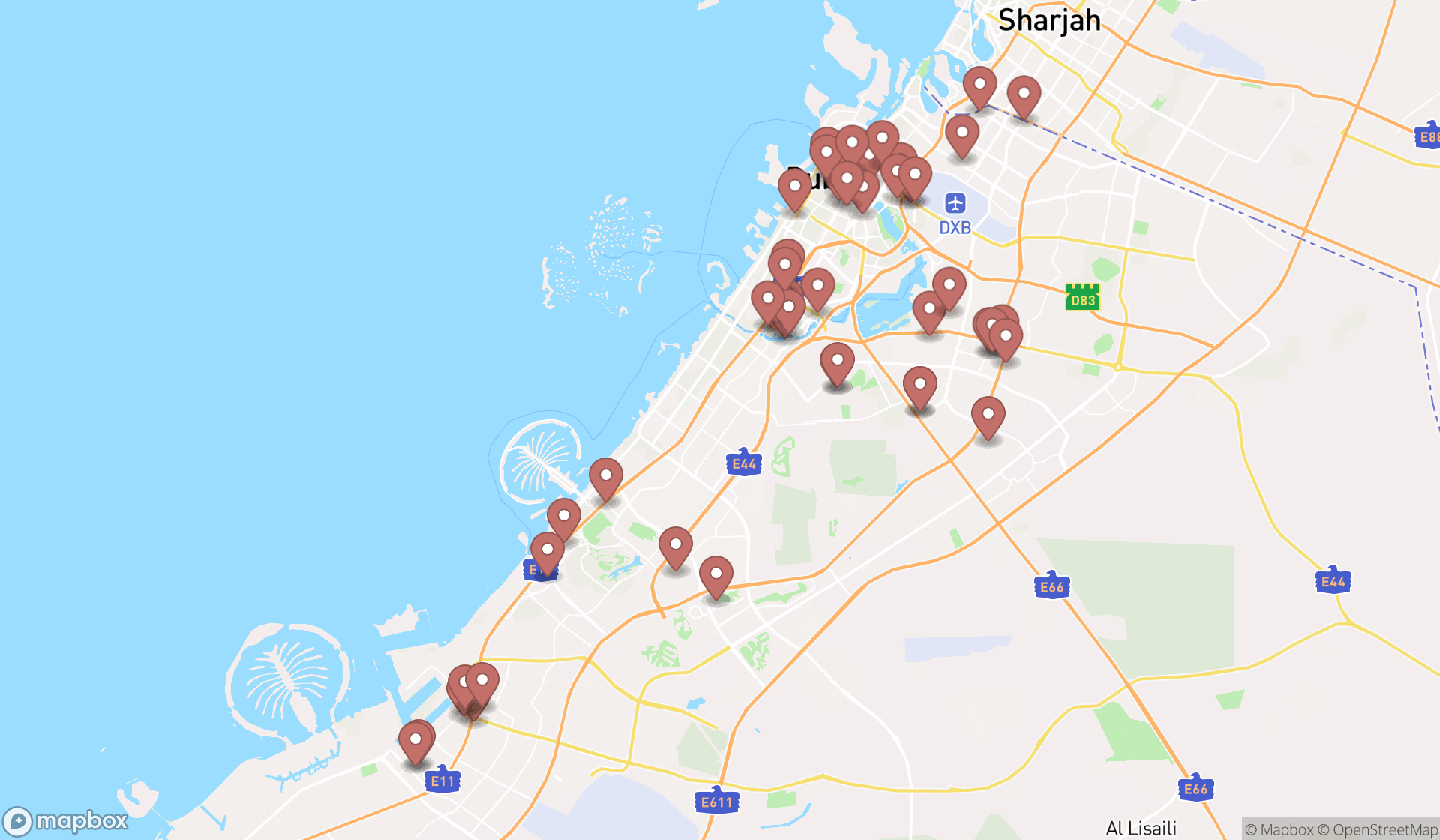 Map showing the search results in Dubai