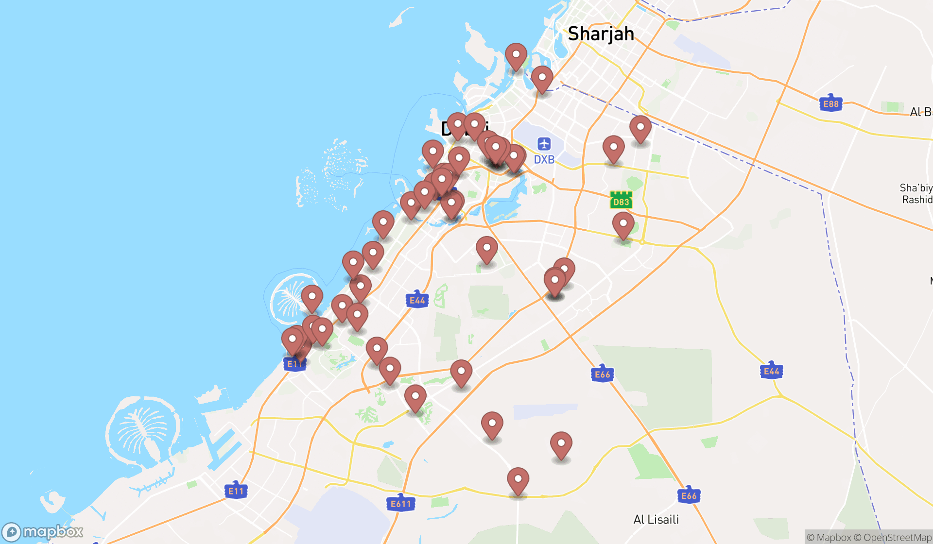 Map showing the search results in Dubai