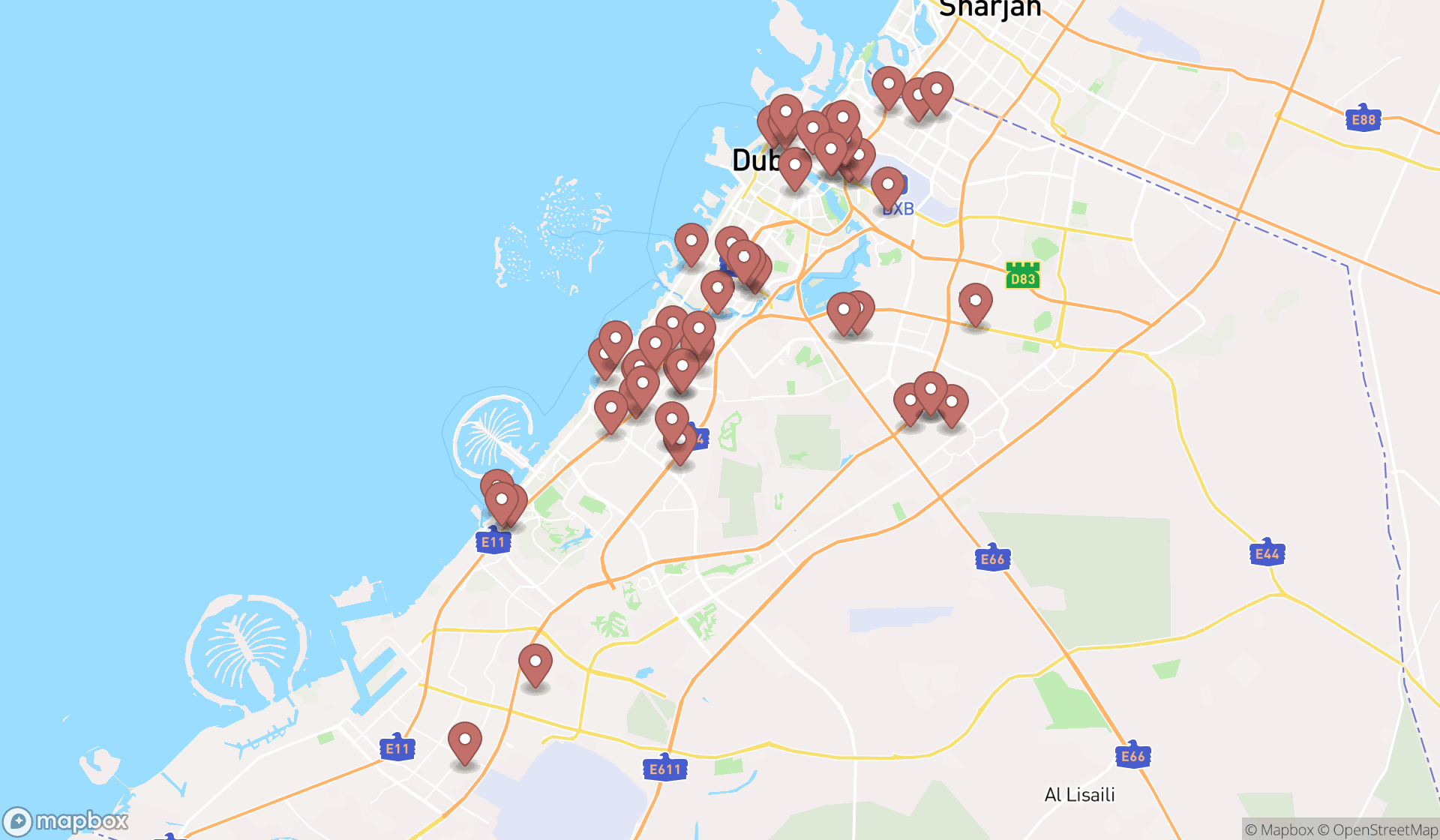 Map showing the search results in Dubai
