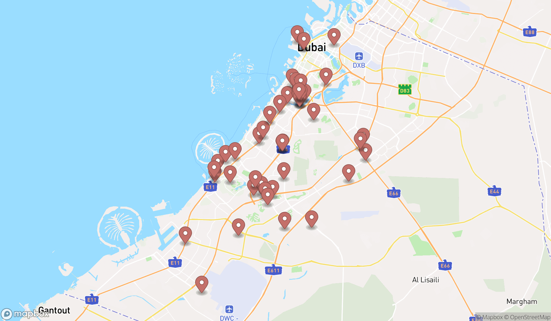 Map showing the search results in Dubai