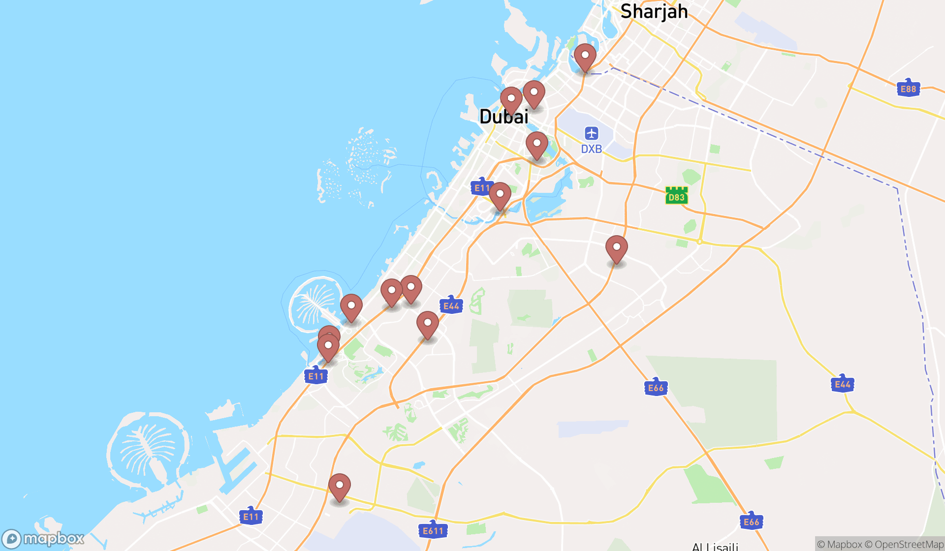 Map showing the search results in Dubai