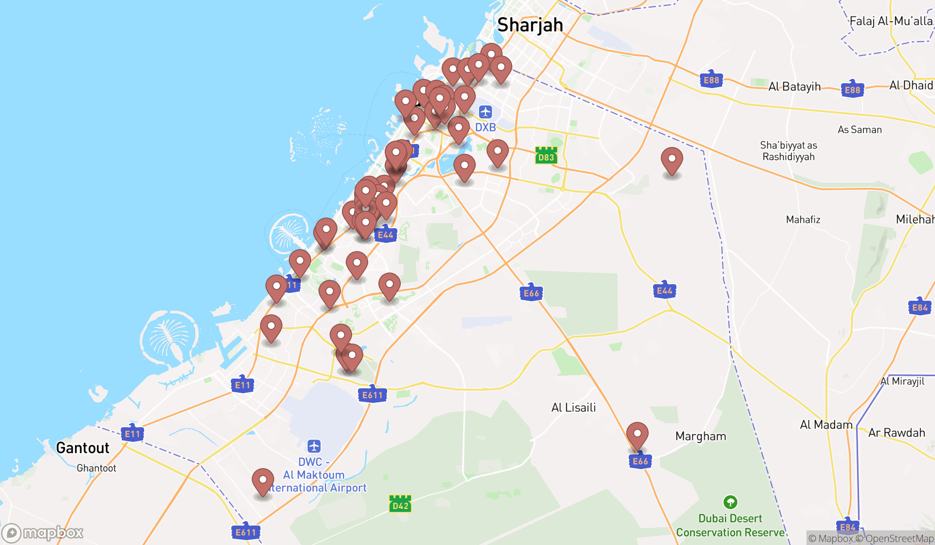 Map showing the search results in Dubai