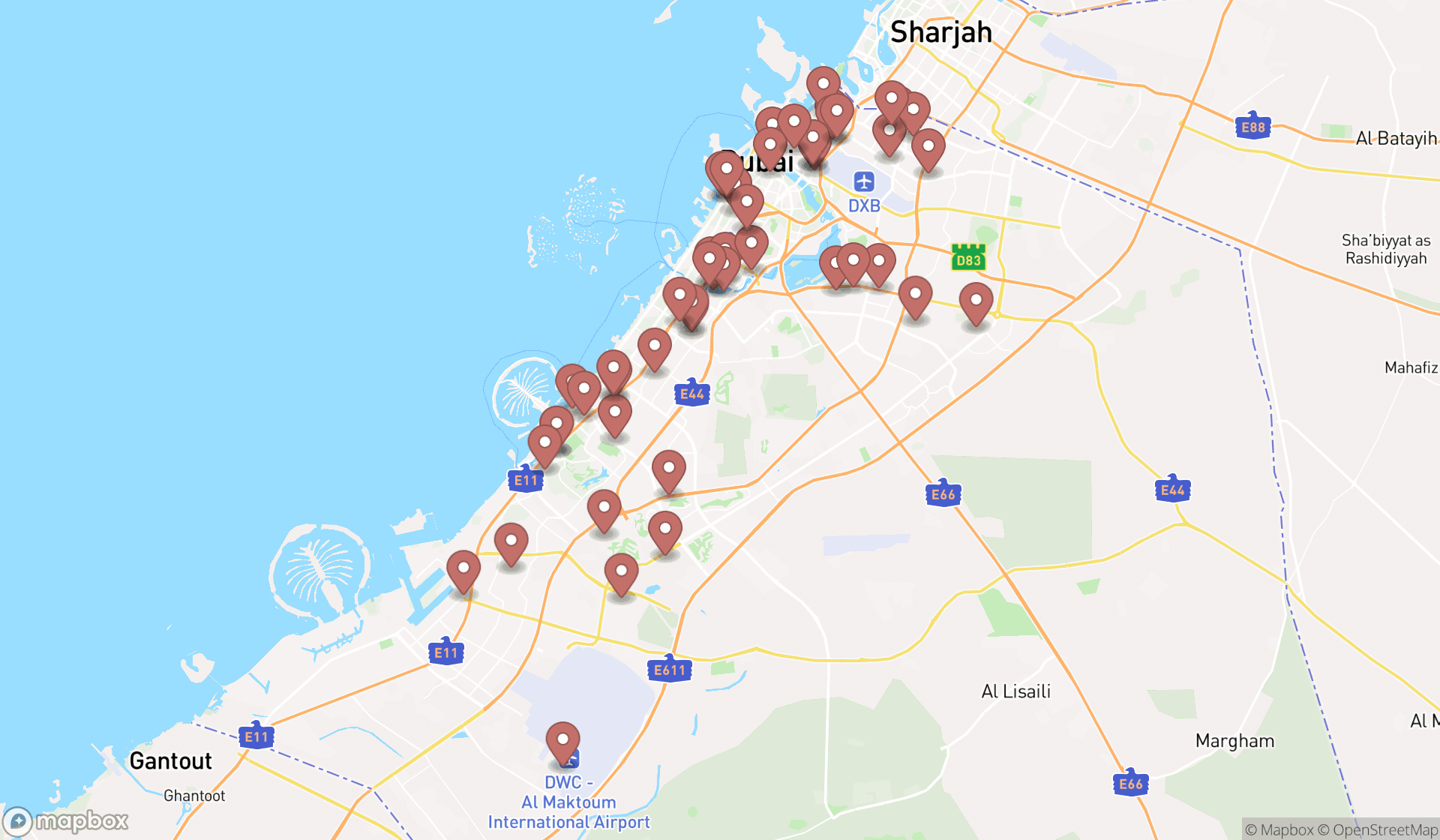 Map showing the search results in Dubai