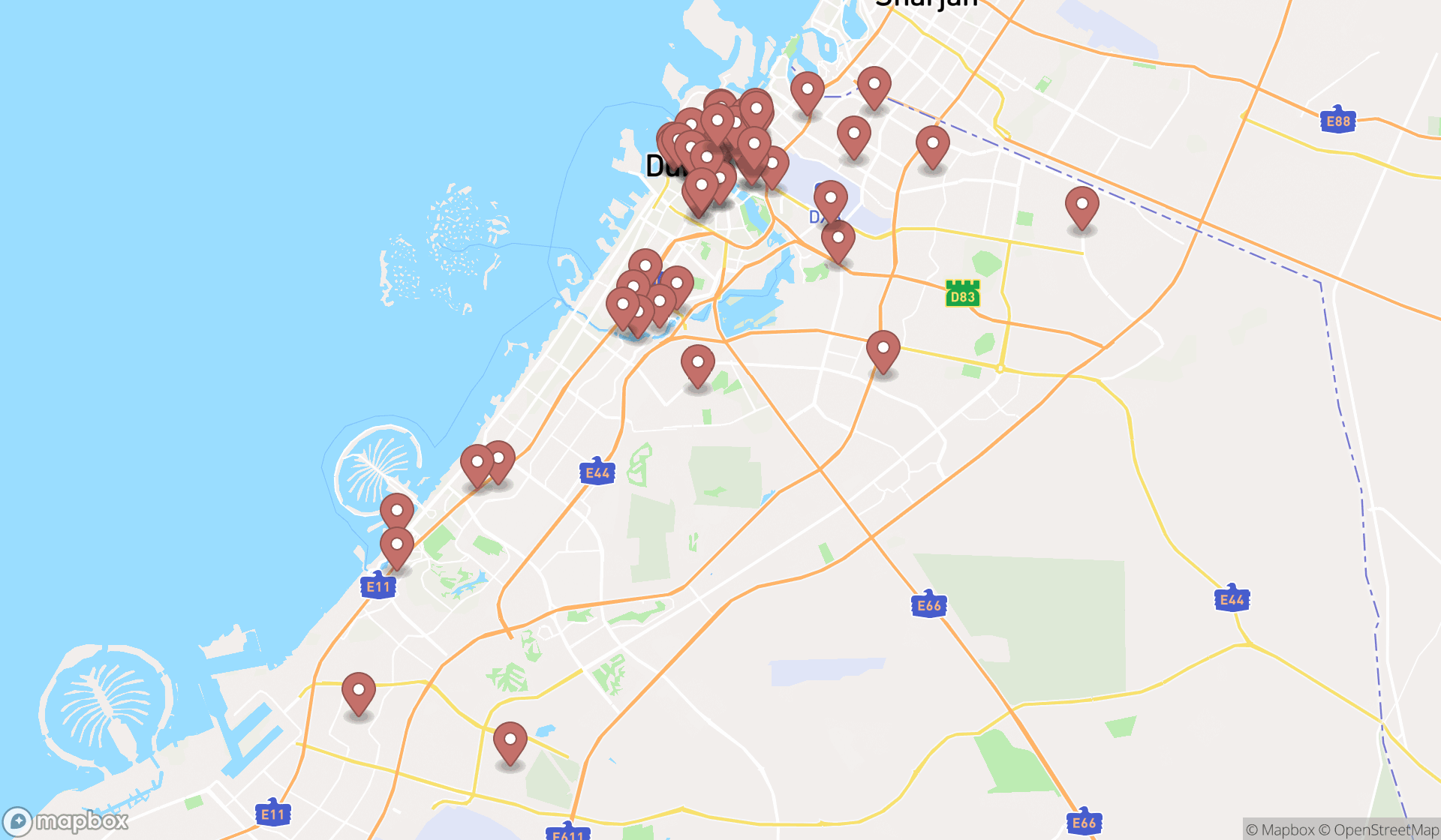 Map showing the search results in Dubai