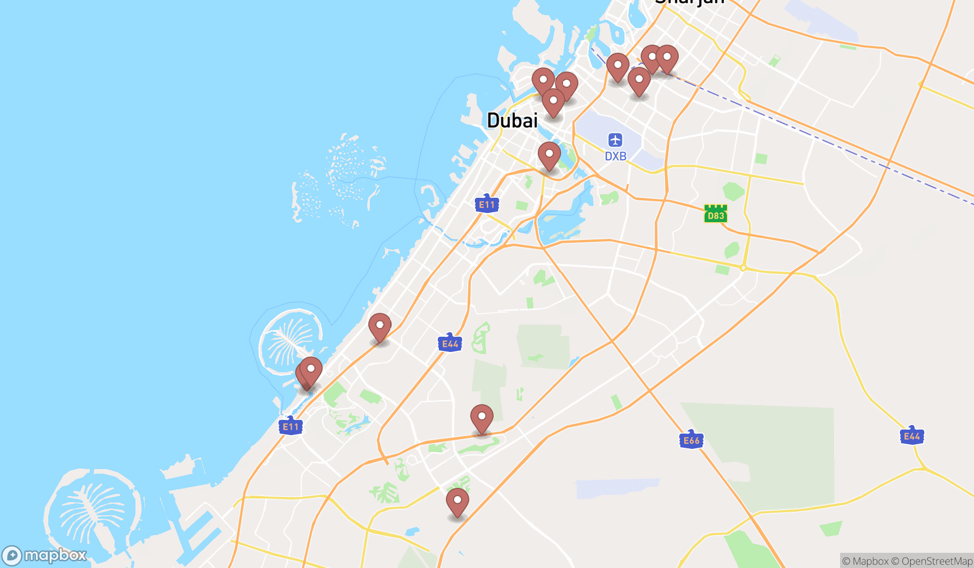 Map showing the search results in Dubai