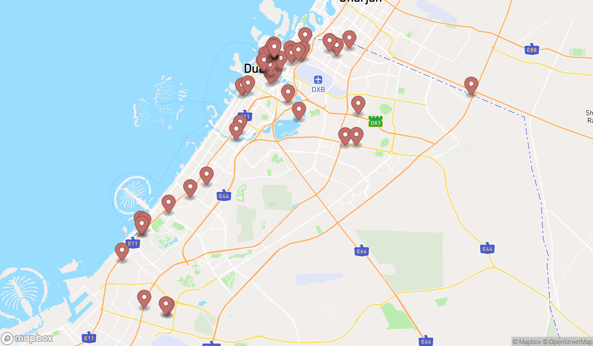 Map showing the search results in Dubai