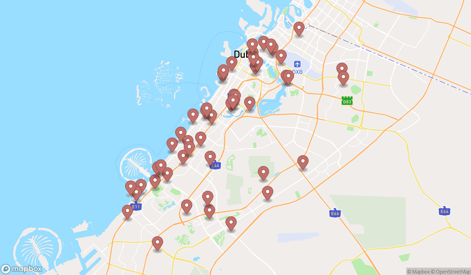 Map showing the search results in Dubai