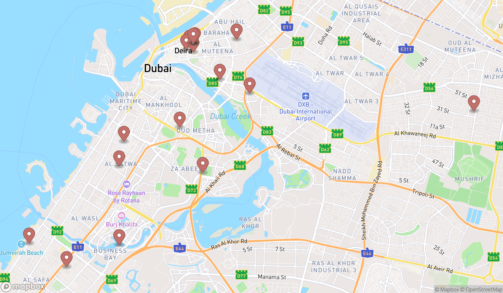 Map showing the search results in Dubai