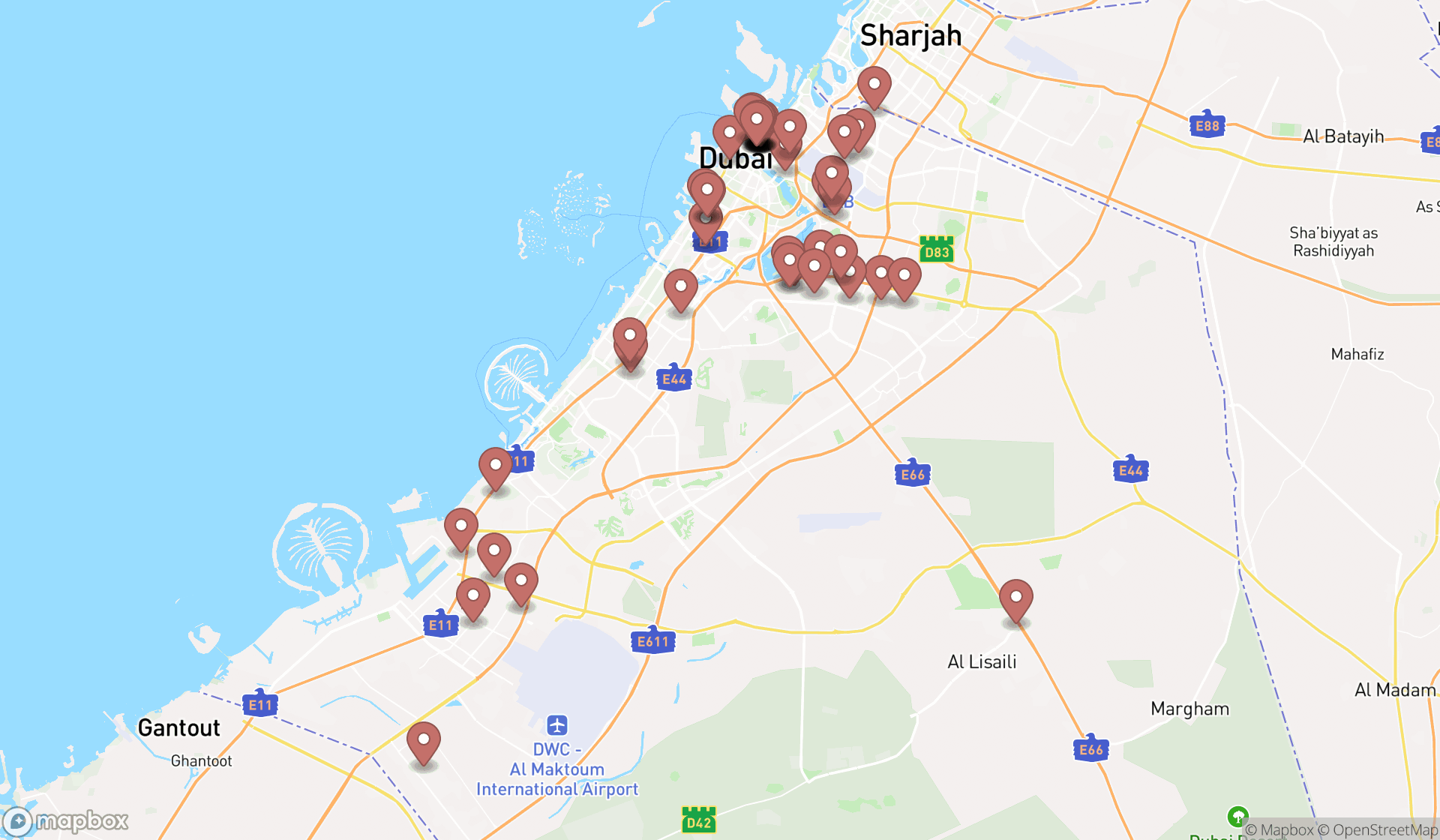 Map showing the search results in Dubai