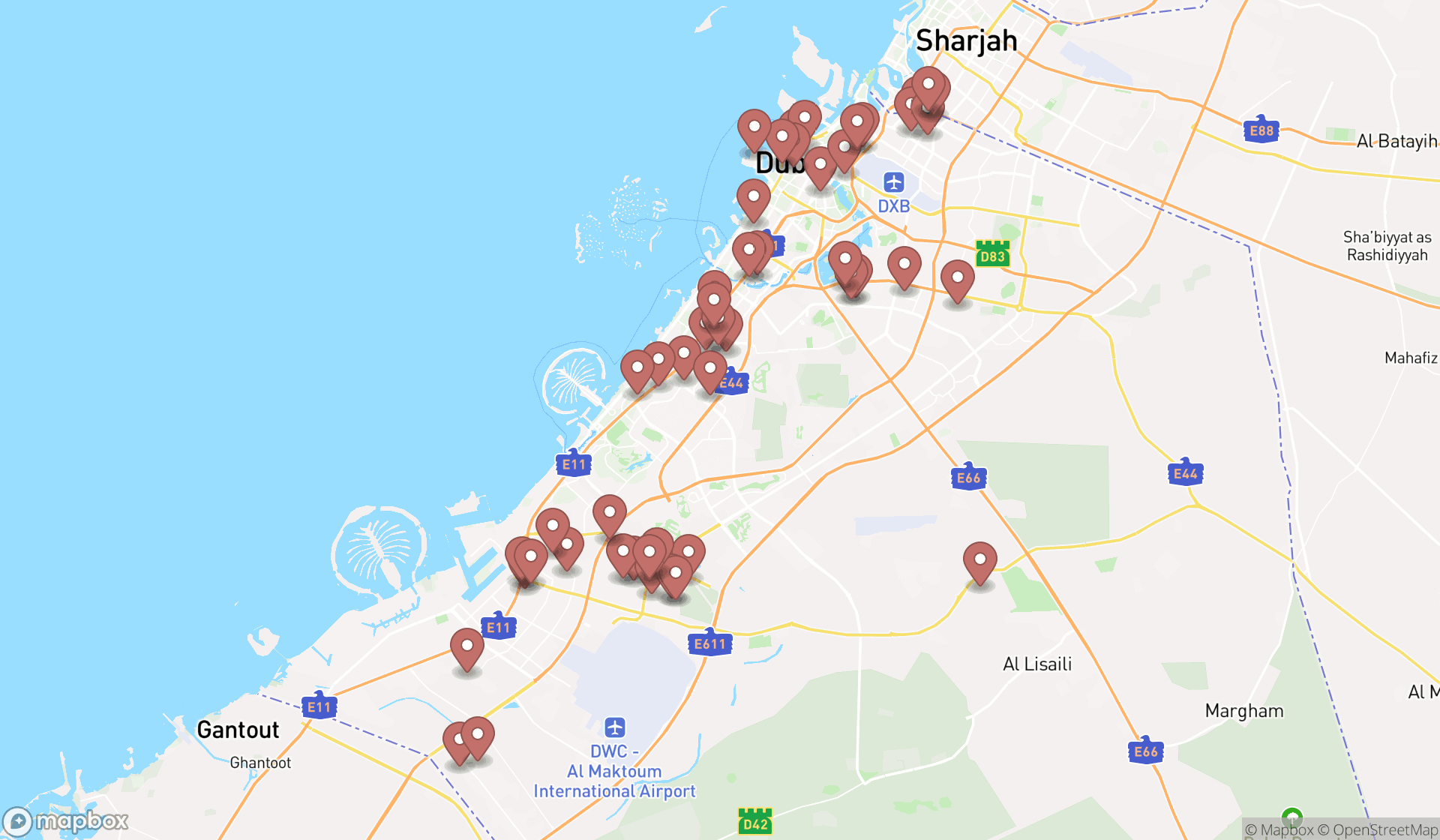 Map showing the search results in Dubai