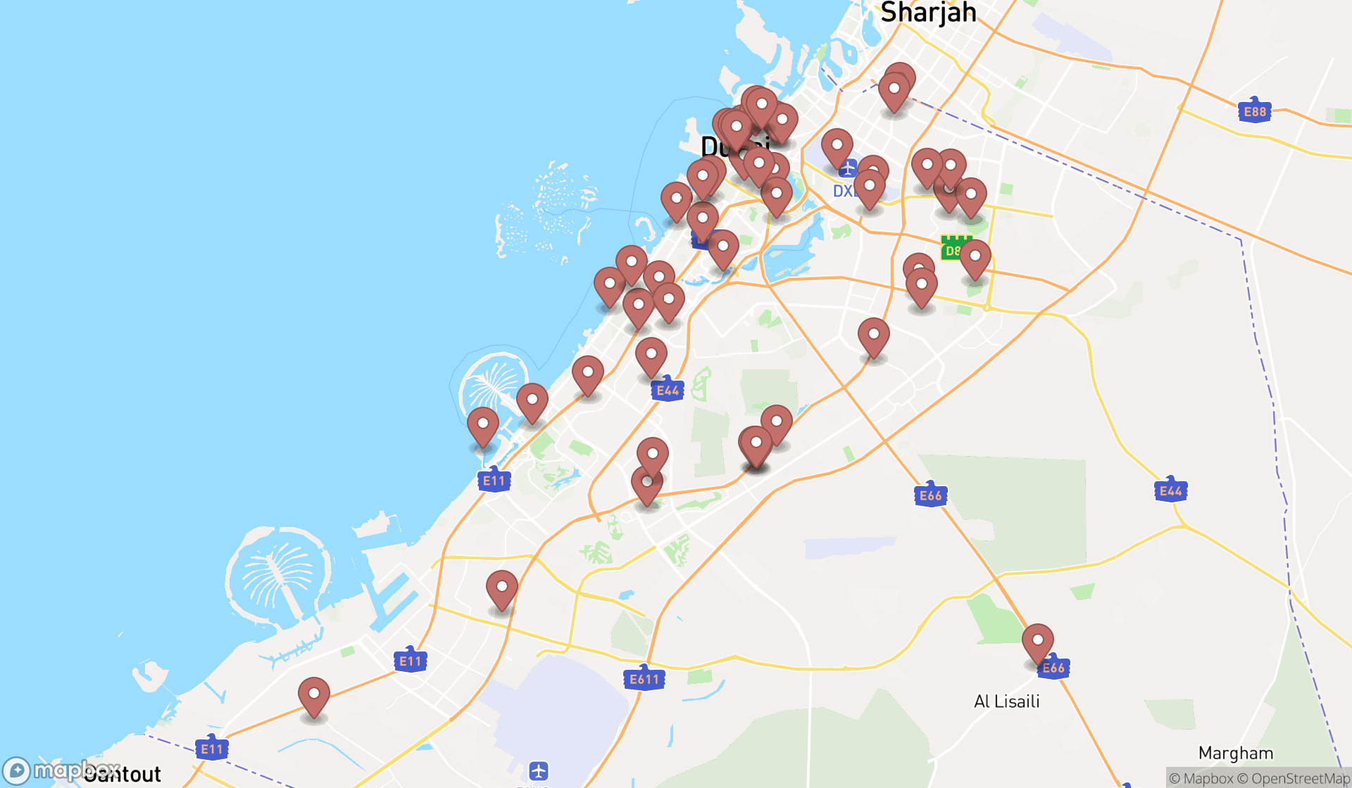 Map showing the search results in Dubai