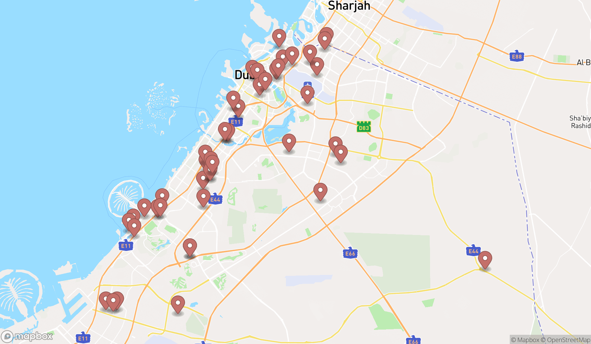 Map showing the search results in Dubai