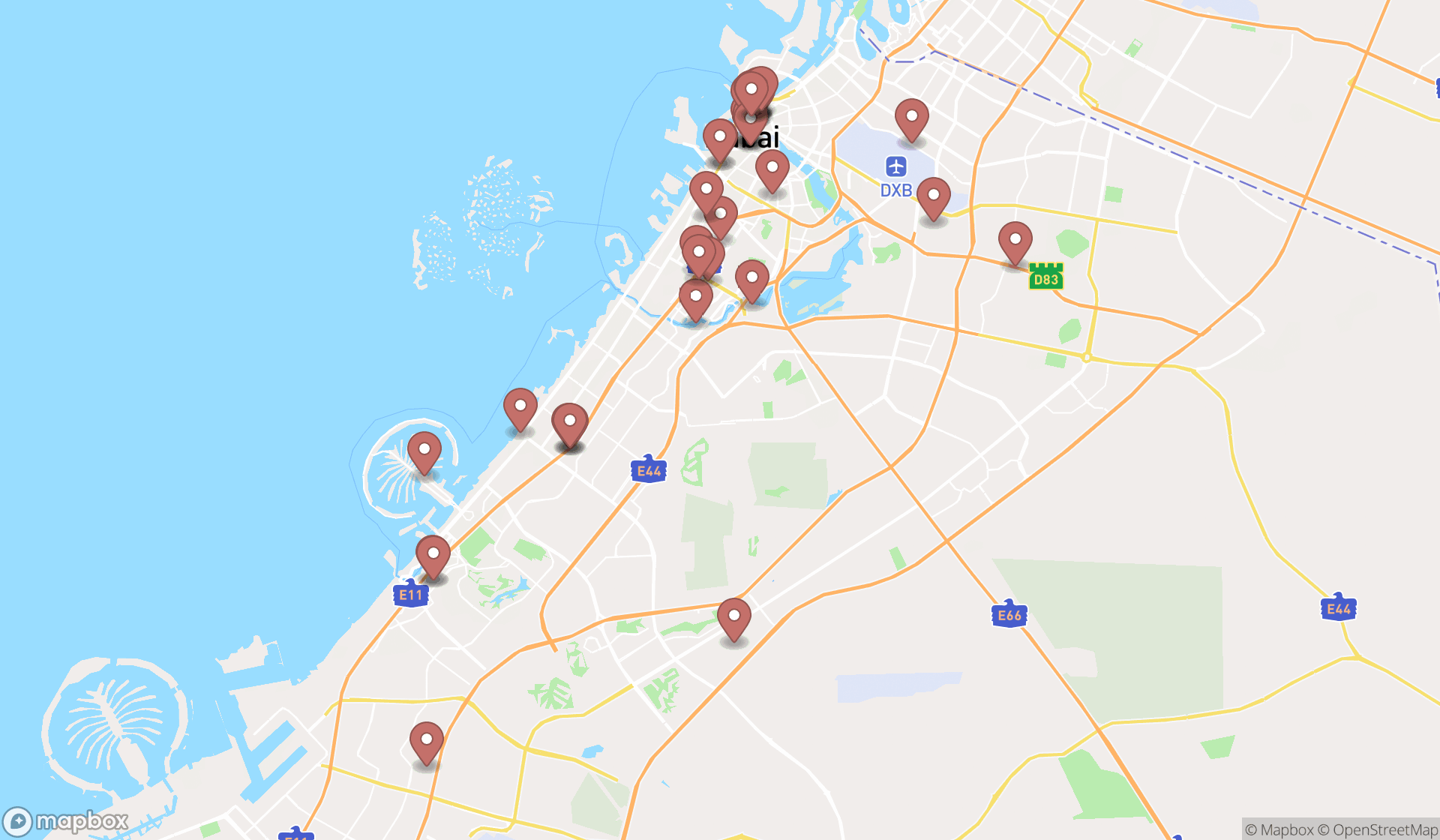 Map showing the search results in Dubai