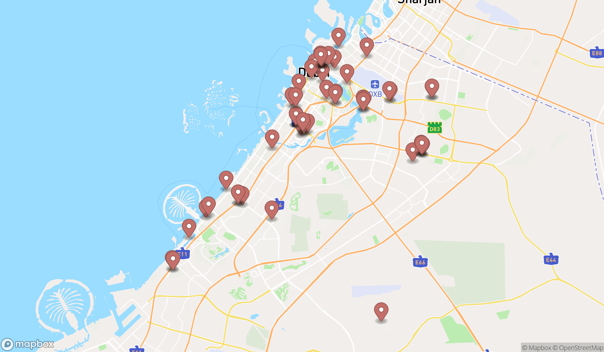 Map showing the search results in Dubai