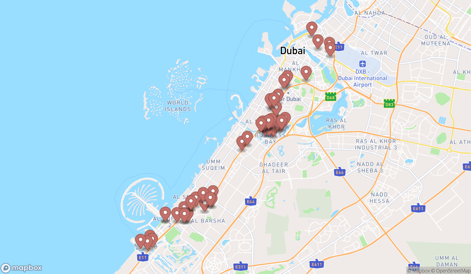 Map showing the search results in Dubai