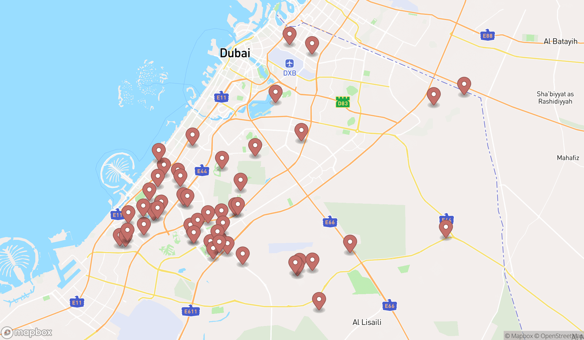 Map showing the search results in Dubai