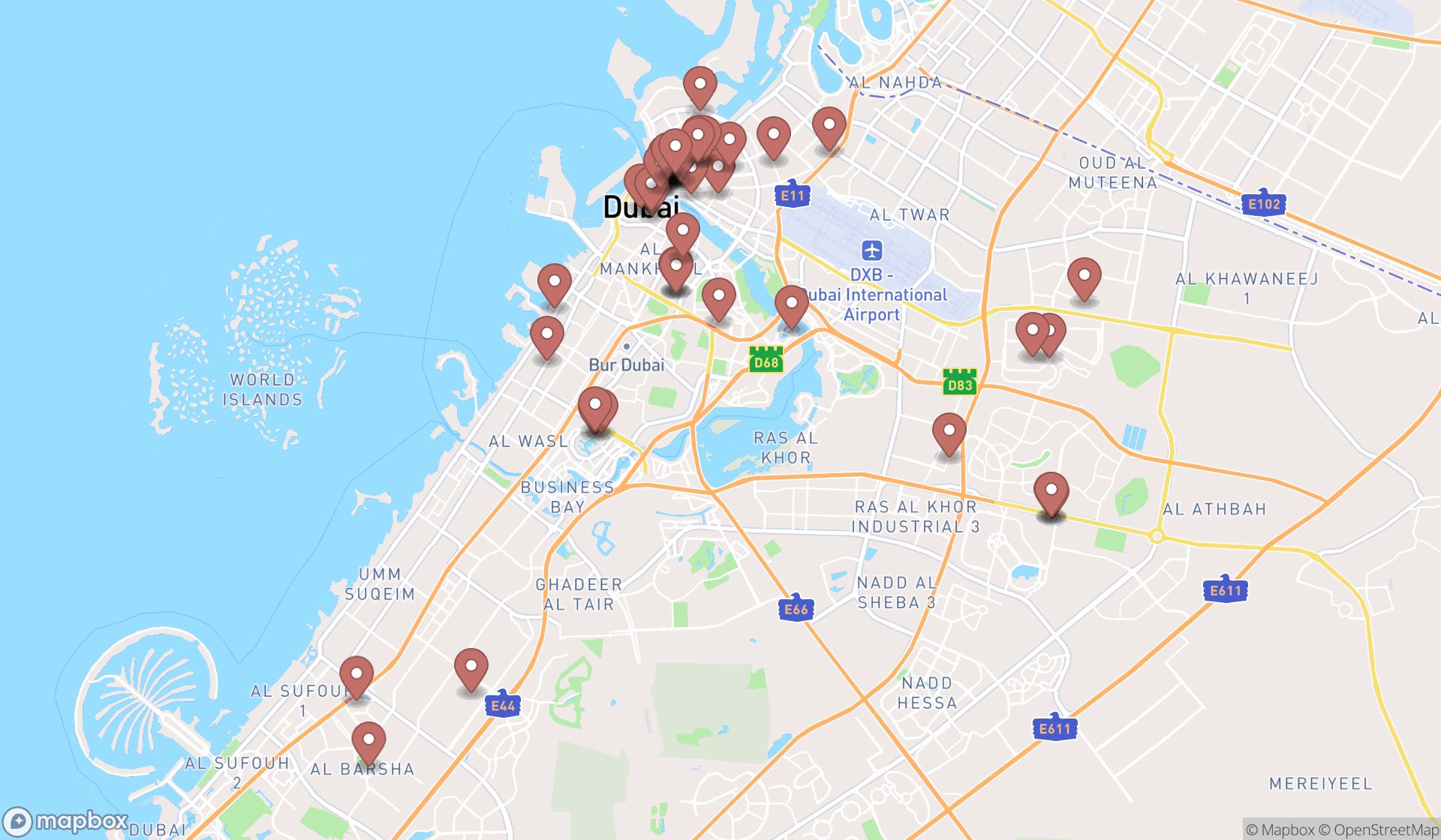 Map showing the search results in Dubai