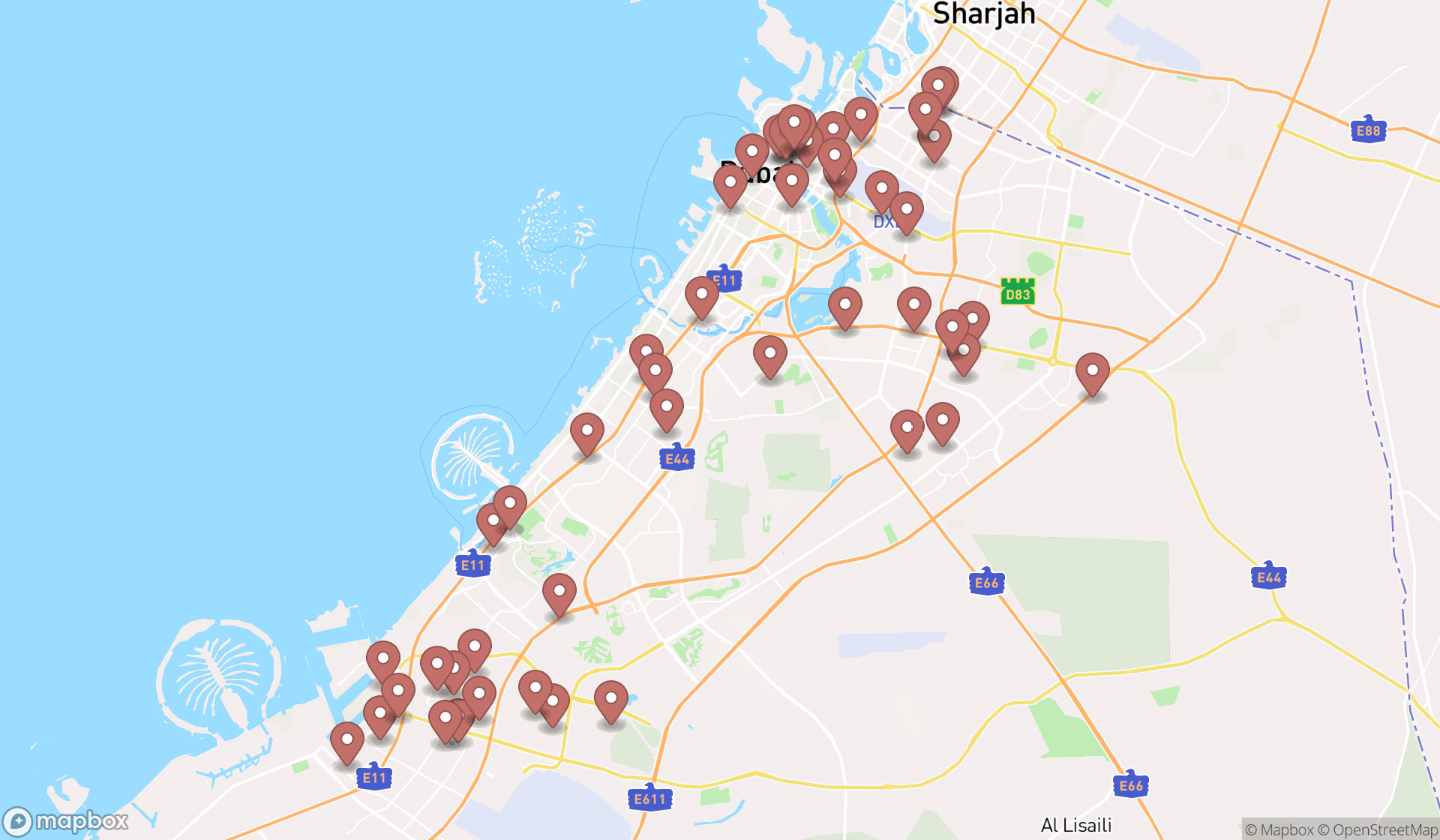 Map showing the search results in Dubai