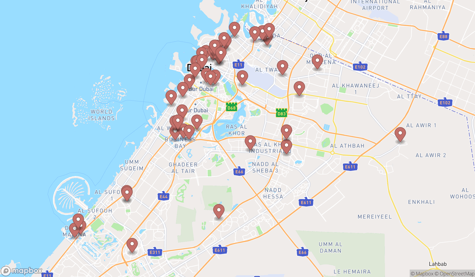Map showing the search results in Dubai