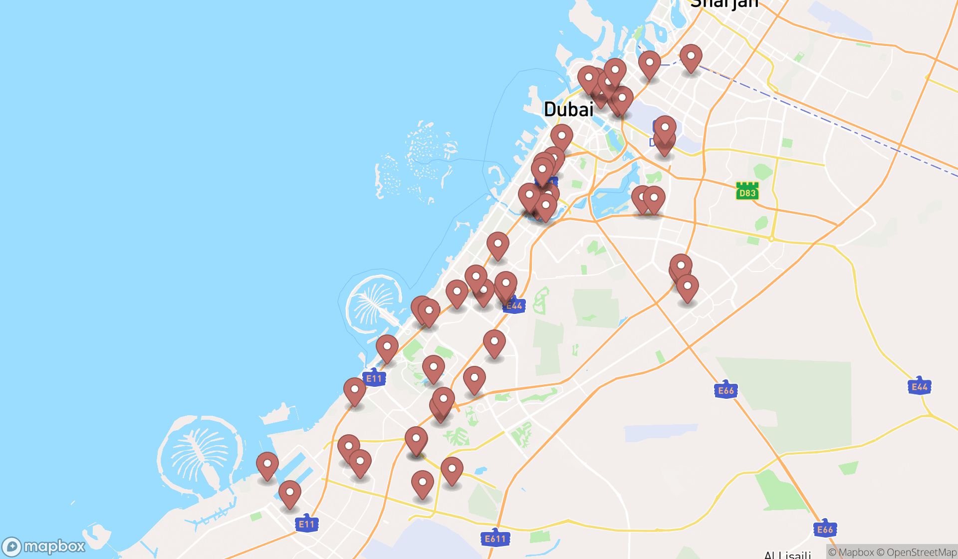 Map showing the search results in Dubai