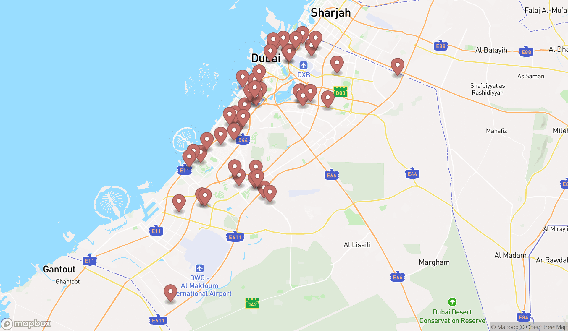 Map showing the search results in Dubai