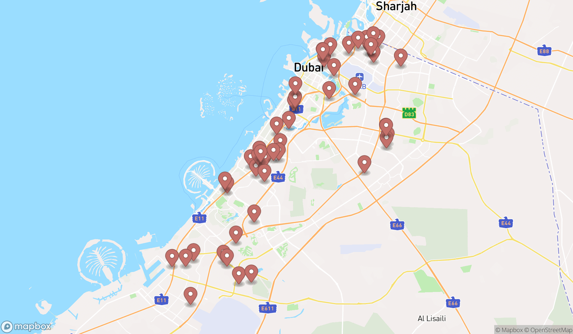 Map showing the search results in Dubai