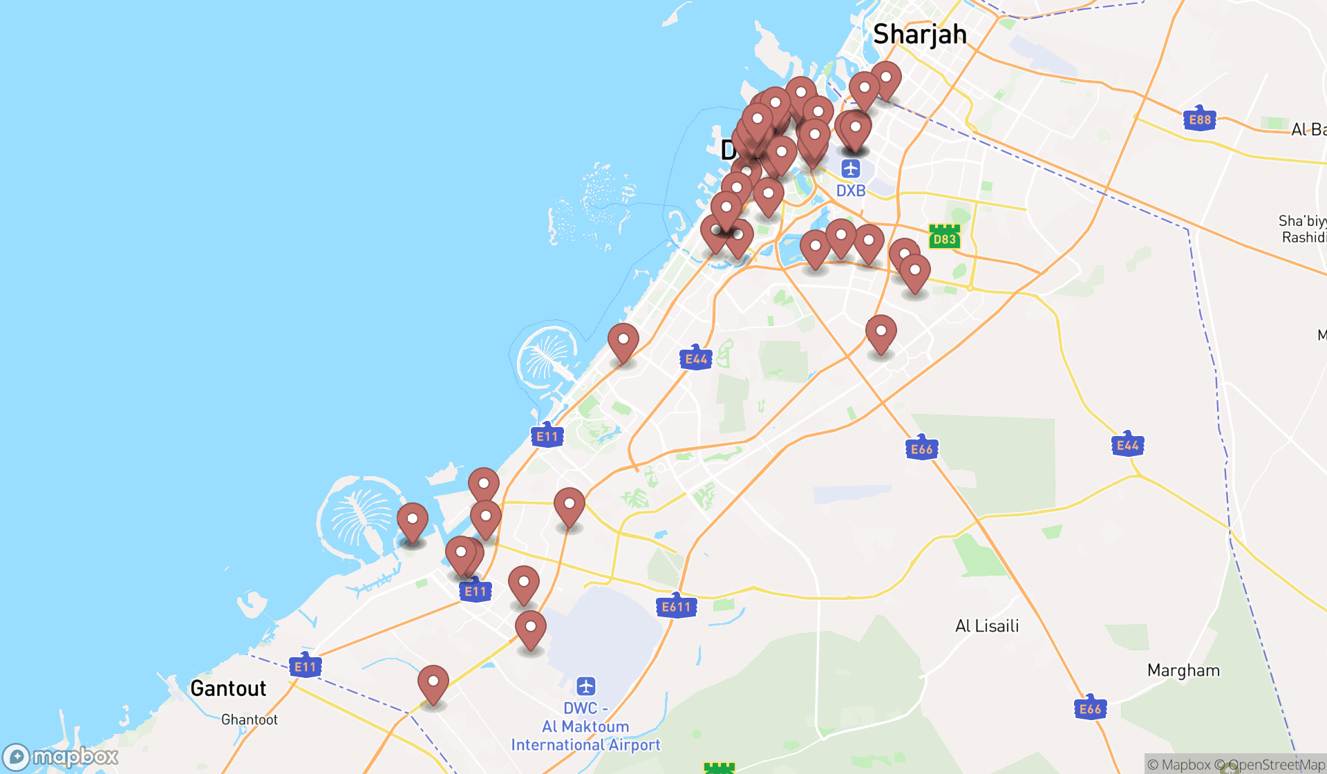 Map showing the search results in Dubai