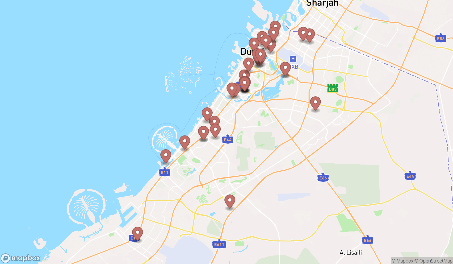 Map showing the search results in Dubai