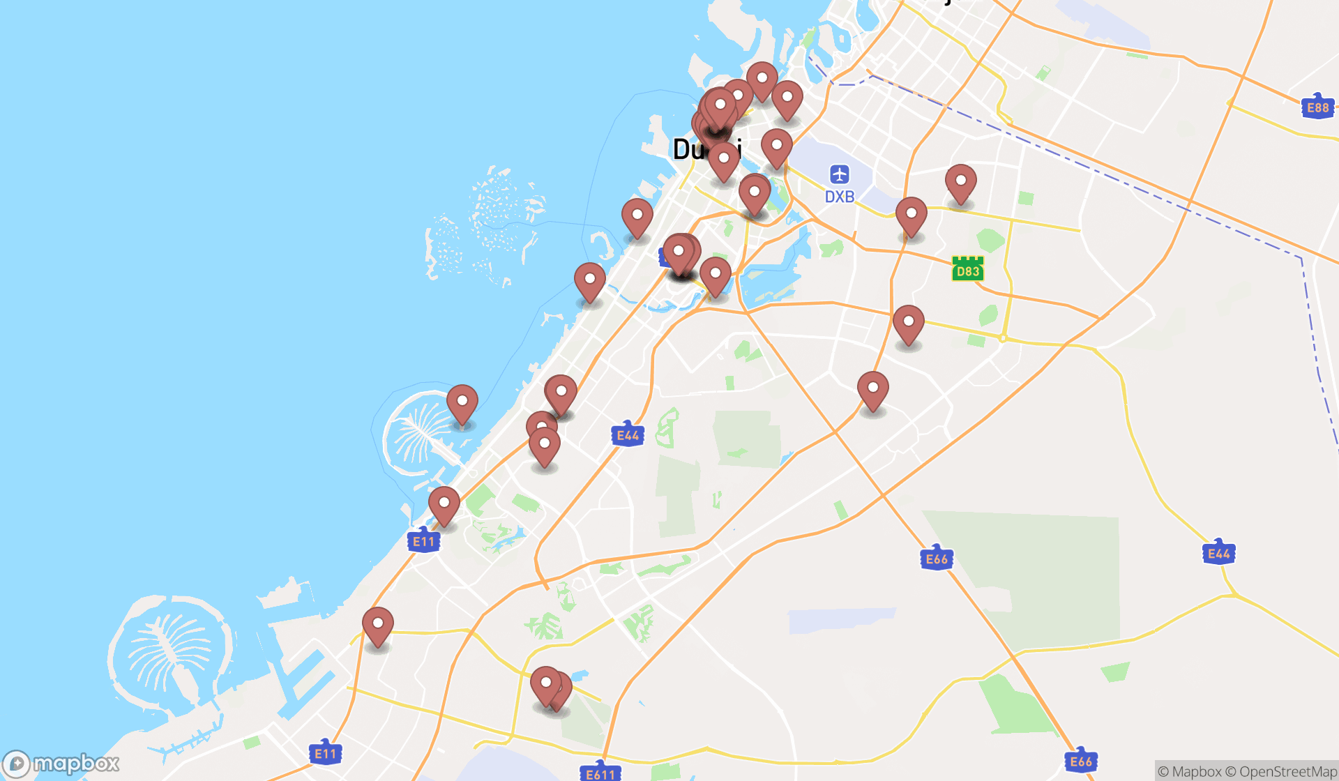Map showing the search results in Dubai