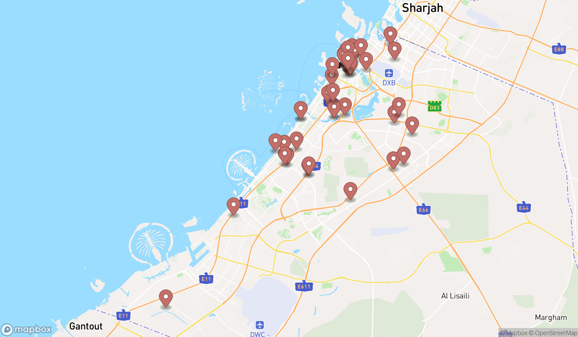Map showing the search results in Dubai