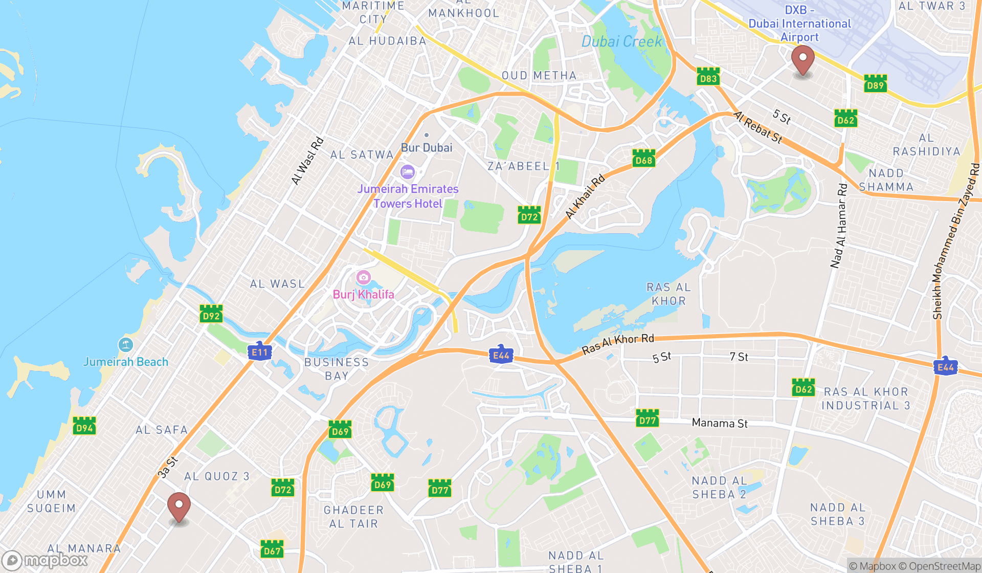 Map showing the search results in Dubai