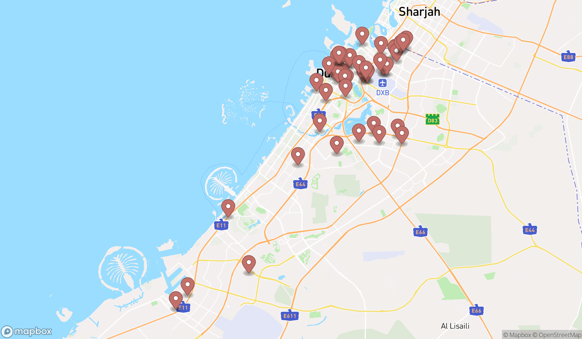 Map showing the search results in Dubai