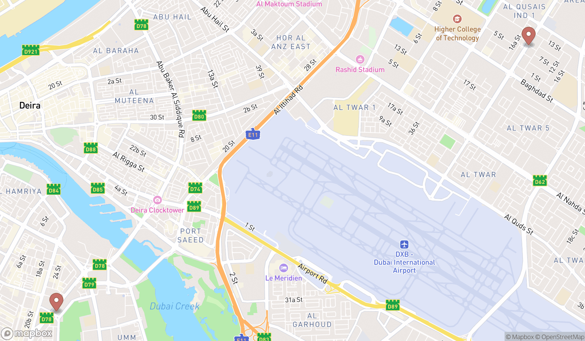 Map showing the search results in Dubai